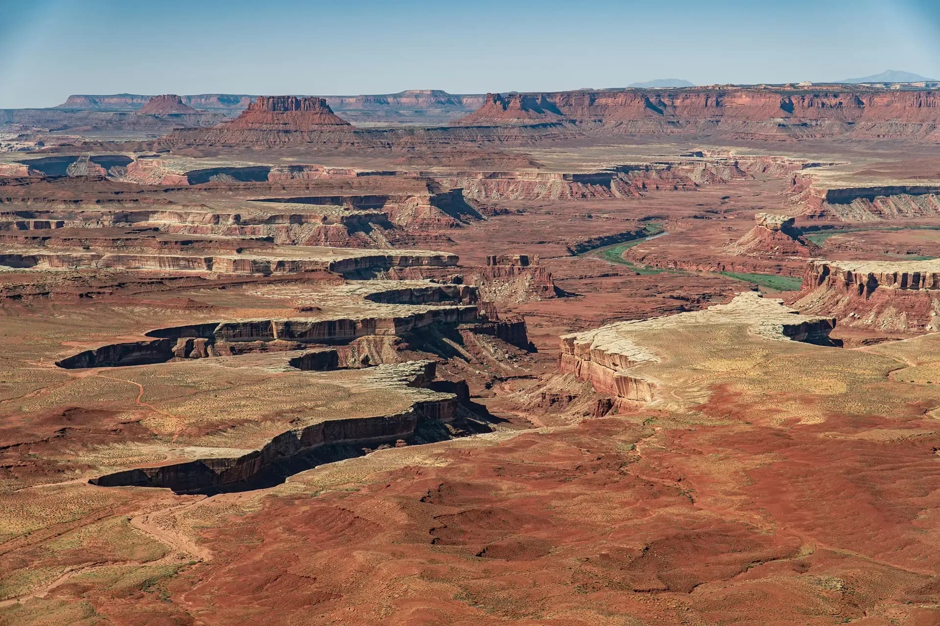 Aerial view of Canyonlands National Park's layered mesas and the Colorado River winding through red rock buttes