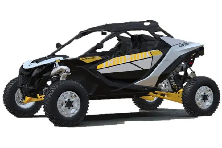 Can-Am Maverick R in gray with yellow accents, side view on a white background