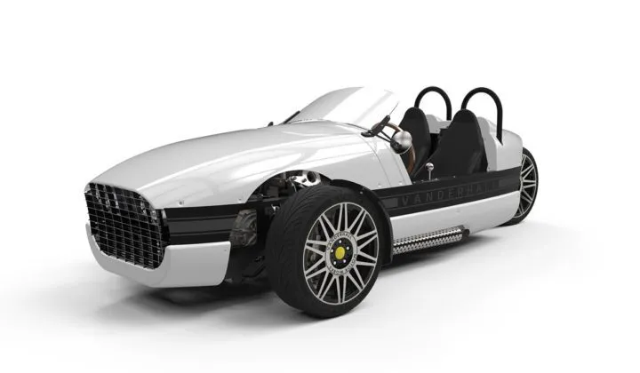 White Vanderhall Venice three-wheeled roadster, front three-quarter view on white