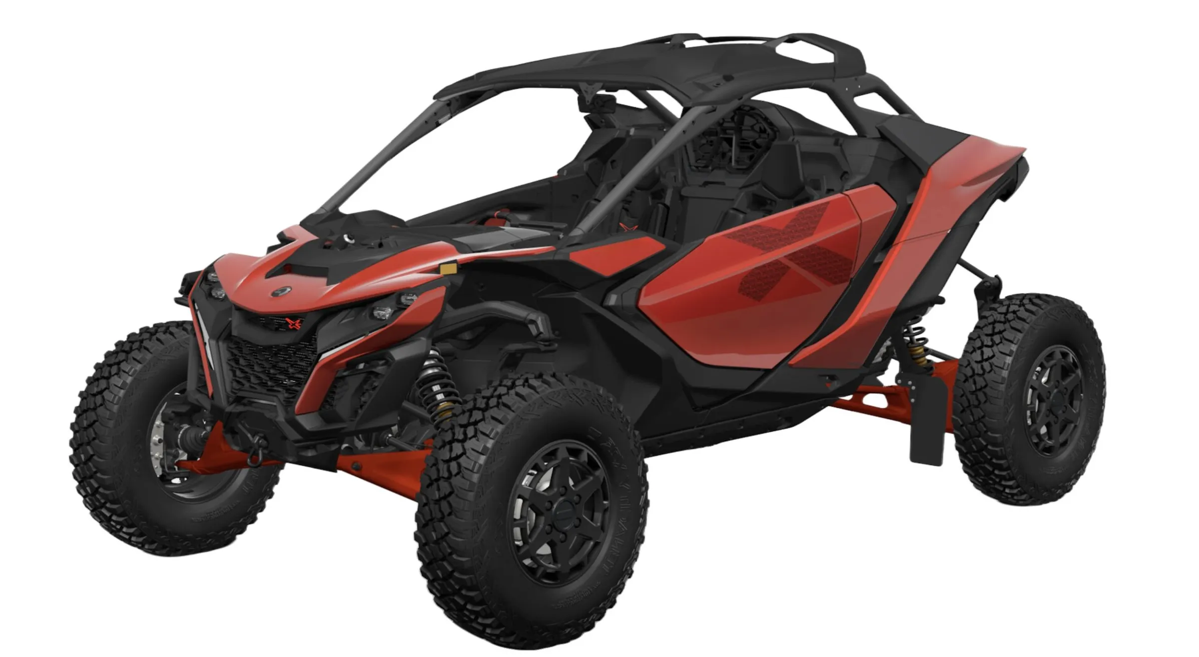 Red and black Can-Am Maverick R with digital dash, three-quarter view on white