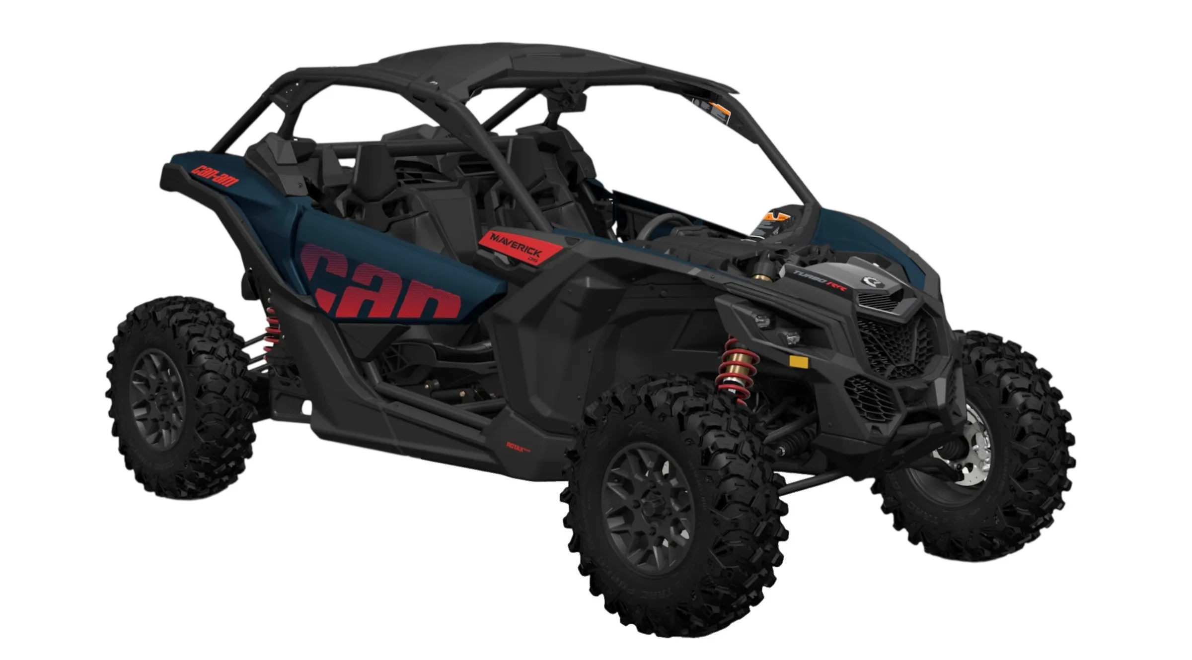2026 Can-Am Maverick X3 RS Turbo in black with red graphics, front three-quarter view on white