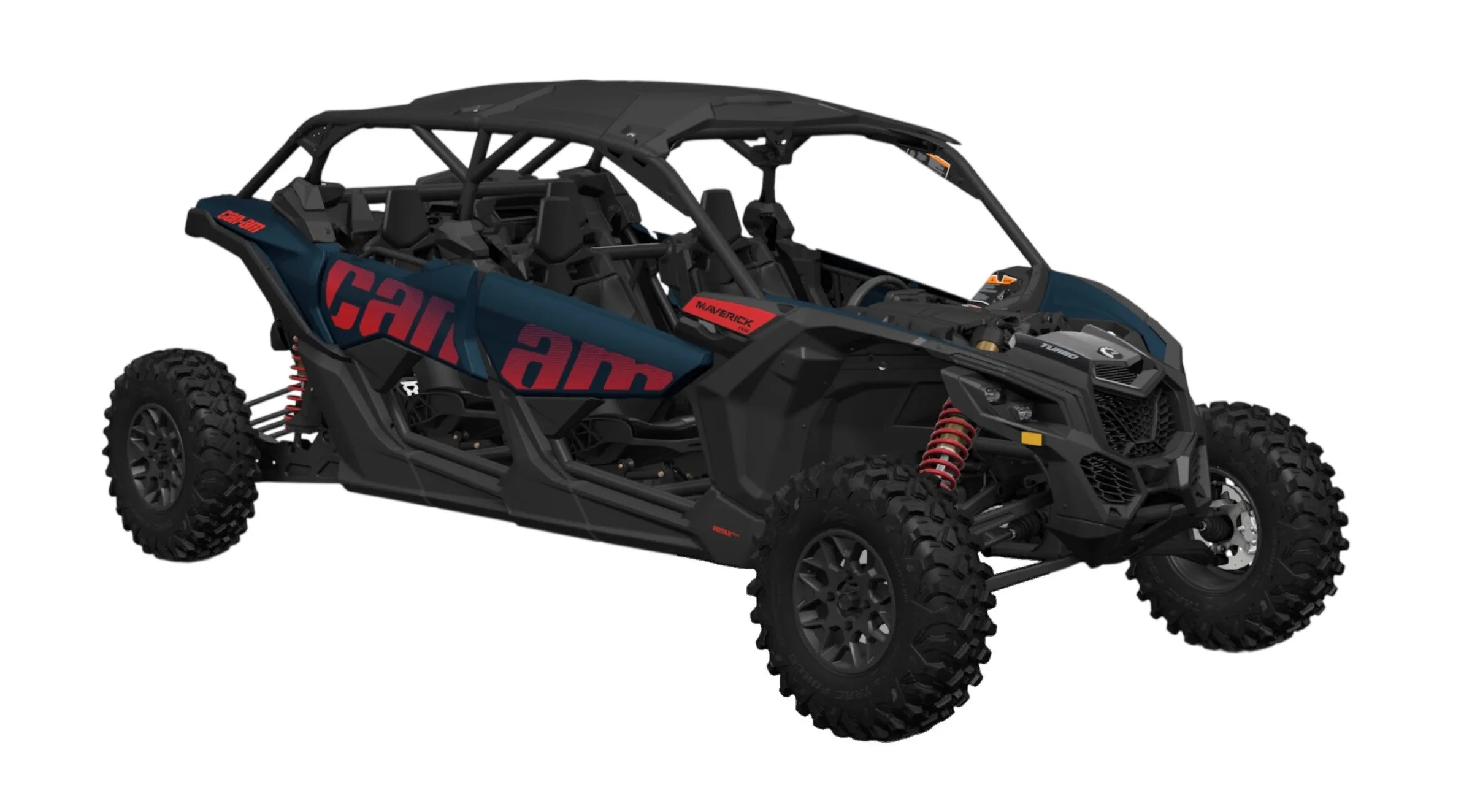 2026 Can-Am Maverick X3 Max RS Turbo four-seater in black with red graphics, three-quarter view on white